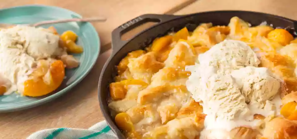 California Cling Peach & Sugar Cookie Skillet Peach Cobbler