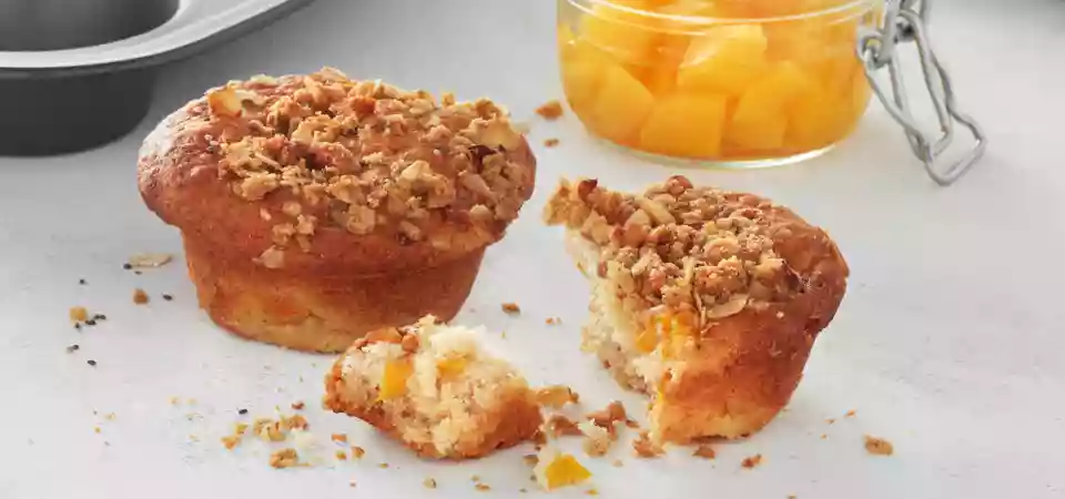 California Cling Peach & Gluten-Free Oat Crumble Muffins