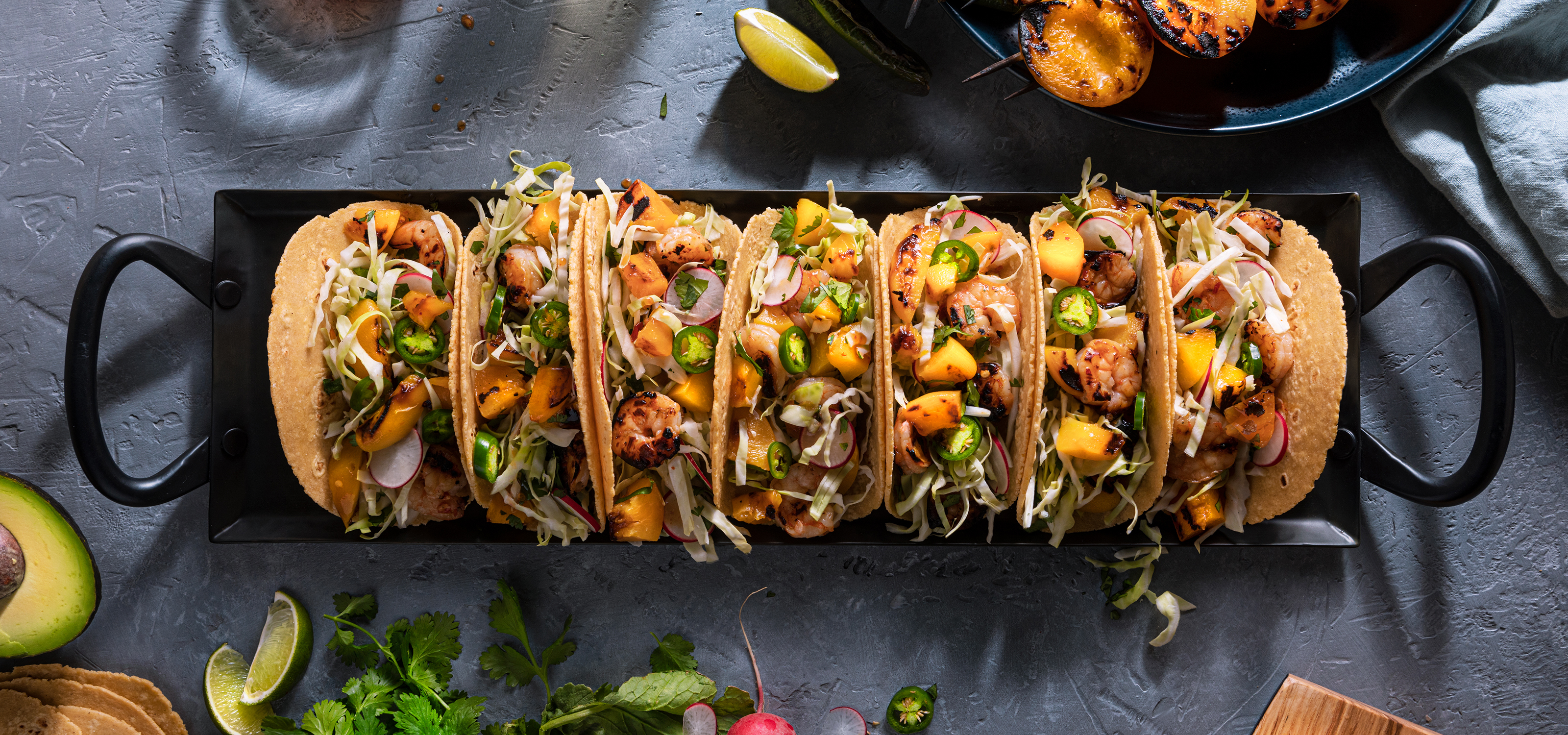 California Cling Peach Thai Shrimp Street Tacos - California Cling Peaches