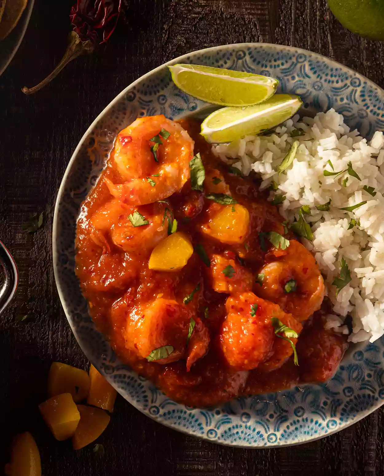 Camarones a la Diabla con Durazno