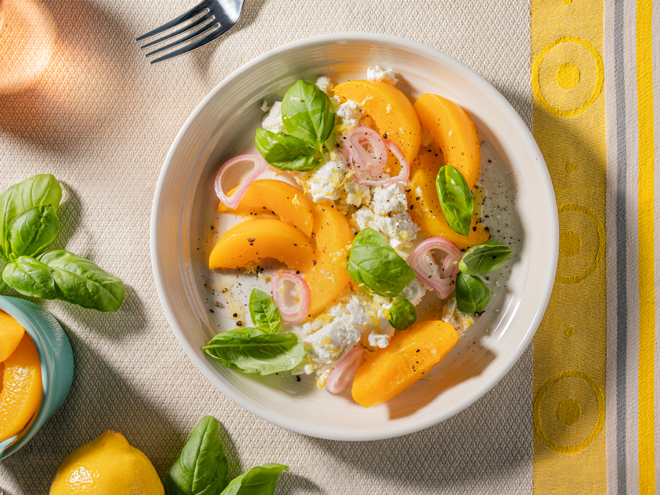 California Cling Peach Chèvre Salad with Lemon Zest, Shallots and Fresh Basil